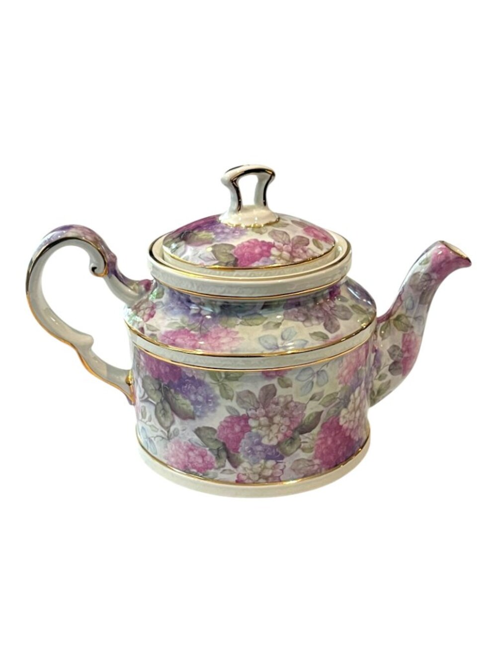 Vintage Crown Dorset Hydrangea Teapot Staffordshire England Gold Trim Gilt - Picture 6 of 8